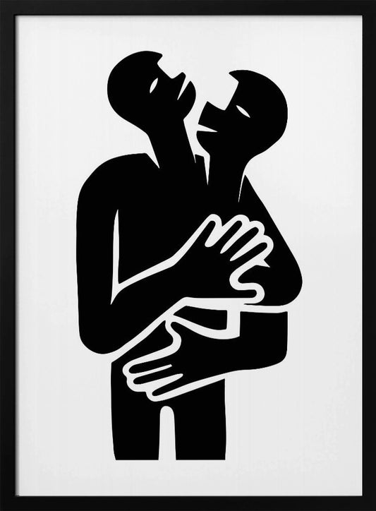 A minimalist black and white graphic art print showing two abstract human figures in a tight embrace. The figures are rendered in a bold, solid black silhouette against a stark white background, creating a high-contrast image. Their arms are wrapped around each other, and their heads are tilted back, suggesting a powerful emotion like passion, comfort, or unity. Decor