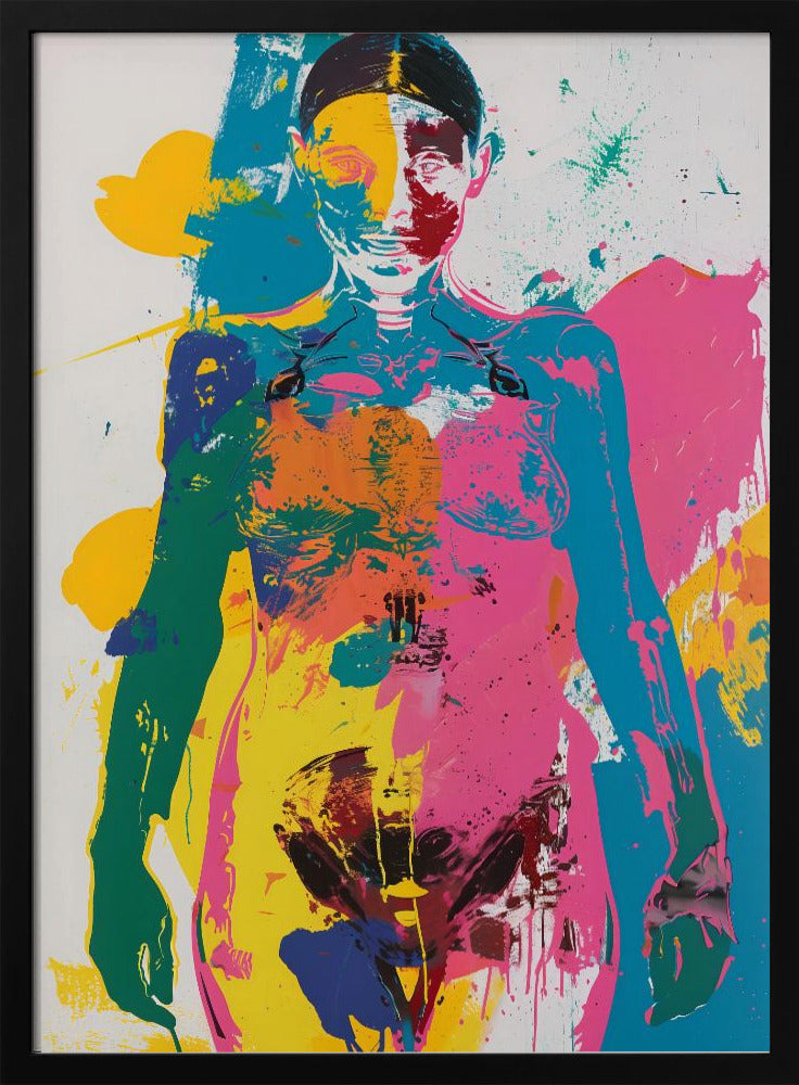 An abstract pop art print of a female figure from the waist up, depicted in vibrant, overlapping blocks of color including pink, yellow, cyan, and green, with skeletal details visible, all set against a white background with paint splatters. Artwork