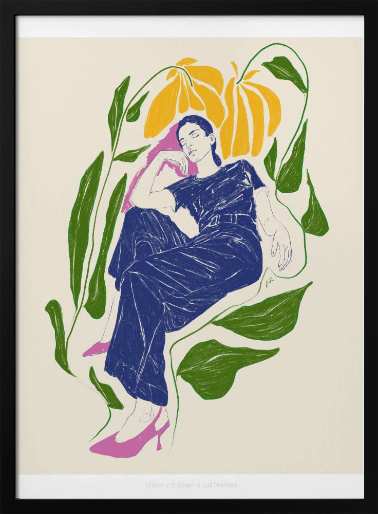 A stylized illustration of a woman in a dark blue outfit and pink heels, resting peacefully with her eyes closed amidst large green leaves and yellow flowers against a cream background. Decor