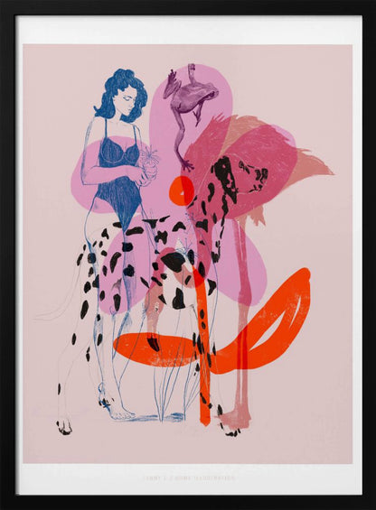 A modern, stylized illustration on a light pink background featuring a woman in a blue swimsuit holding a small potted plant. The scene includes several overlapping, semi-transparent animals: a dalmatian, a large pink flamingo, and a leaping frog. Bold orange and pink abstract shapes add to the layered composition. Poster