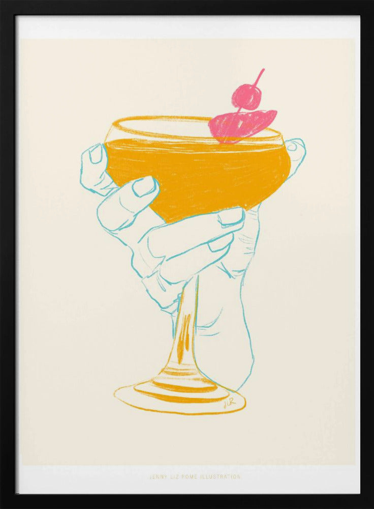 A stylized illustration of a hand holding a coupe glass with a golden-yellow cocktail, garnished with a bright pink cherry. The hand is outlined in light blue against a cream background, creating a minimalist, pop-art feel. Print