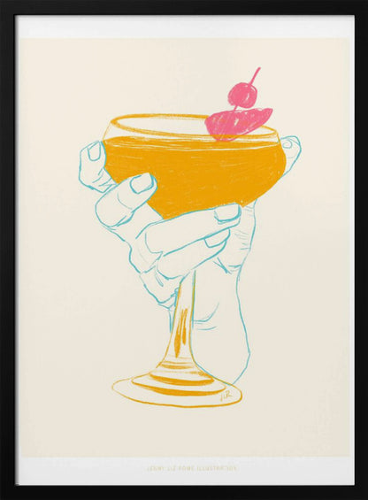 A stylized illustration of a hand holding a coupe glass with a golden-yellow cocktail, garnished with a bright pink cherry. The hand is outlined in light blue against a cream background, creating a minimalist, pop-art feel. Print
