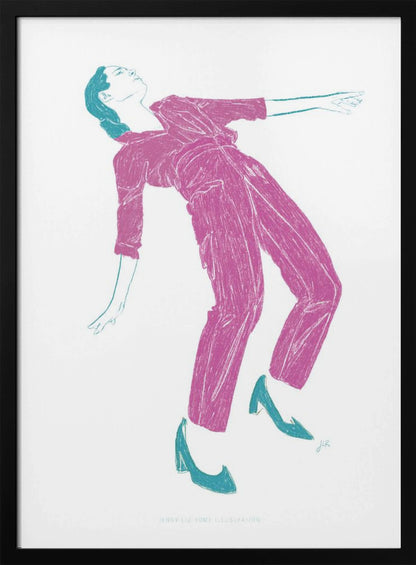 A stylized, two-color illustration of a person dancing, captured in a black frame. The figure, rendered in textured fuchsia, wears a jumpsuit and leans back dramatically. Their hair, shoes, and arm outlines are highlighted in a contrasting teal against a stark white background. Print