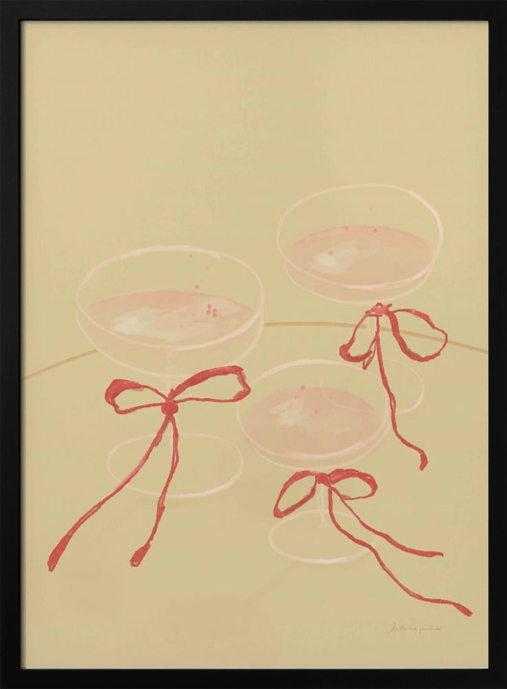 A minimalist illustration featuring three coupe-style champagne glasses filled with pink liquid, each adorned with a red ribbon tied in a bow, set against a solid pale greenish-beige background. Poster