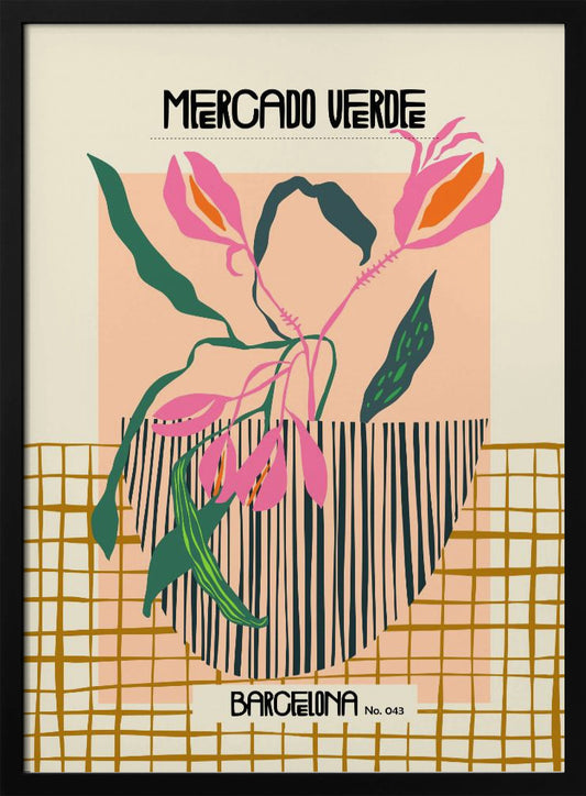 A modern graphic art print of stylized pink flowers with green leaves in a black and white striped vase. The background is color-blocked with cream, peach, and a mustard yellow grid pattern. Text at the top reads 'MERCADO VERDE' and at the bottom 'BARCELONA No. 043'. Artwork