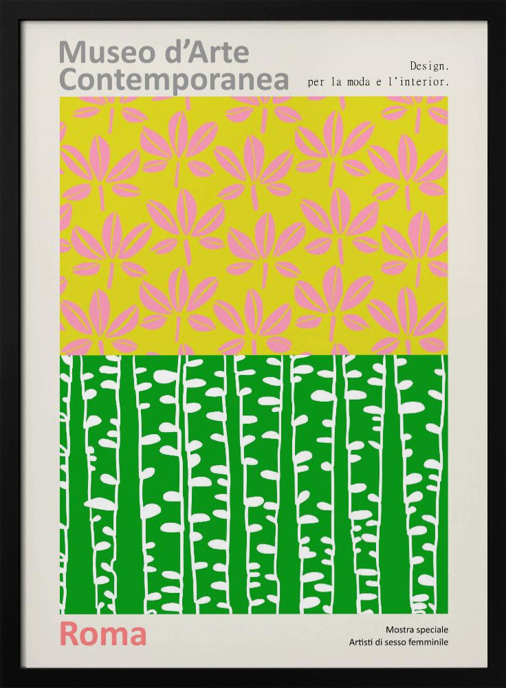 A vintage-style exhibition poster for the 'Museo d'Arte Contemporanea' in Rome. The design is split into two colorful graphic panels: the top features pink leaves on a lime green background, and the bottom shows stylized white birch trunks against a vibrant green background. The poster is set within a light border with Italian text. Artwork