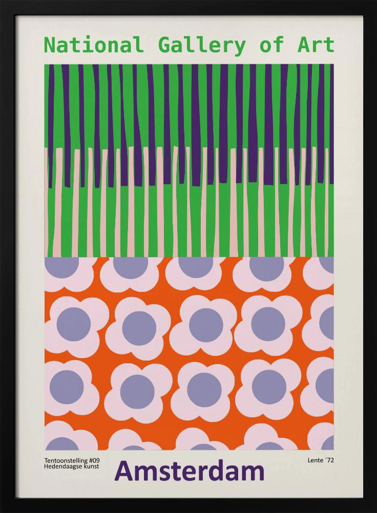 A retro-style framed poster for a 'National Gallery of Art' exhibition in 'Amsterdam'. The artwork is divided into two sections: the top half has vertical stripes in green, purple, and light pink, while the bottom half features a repeating pattern of stylized flowers with pink petals and periwinkle centers on a bright orange background. Artwork