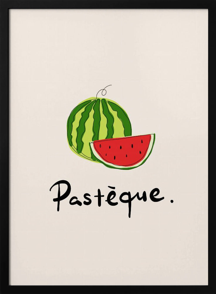 A framed art print featuring a simple, stylized illustration of a whole watermelon and a juicy red slice. Below the fruit, the French word 'Pastèque.' is written in black cursive script on a light cream background. Decor