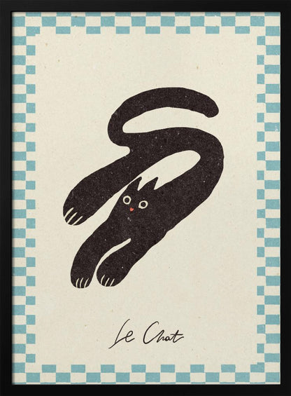 A vintage-style art print of a stylized black cat with an elongated, curving body. The cat has wide eyes and is set against a cream background with a blue and cream checkered border. Below the cat, the words 'Le Chat' are written in cursive script. The artwork is presented in a simple black frame. Print