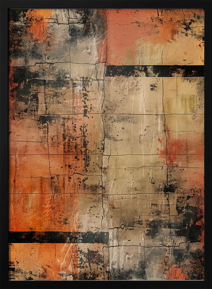 An abstract painting with a heavily textured and cracked surface, dominated by shades of orange, beige, and black. The composition resembles weathered blocks or tiles, with bold black horizontal bands and splatters of black and white paint, all within a thin black frame. Artwork