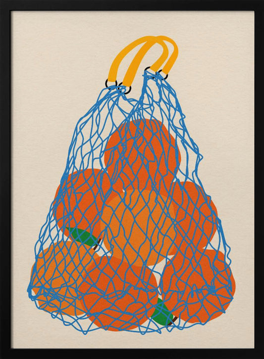 A minimalist illustration of a blue mesh string bag with yellow handles, filled with large, bright orange oranges against a light beige background. Wall Art