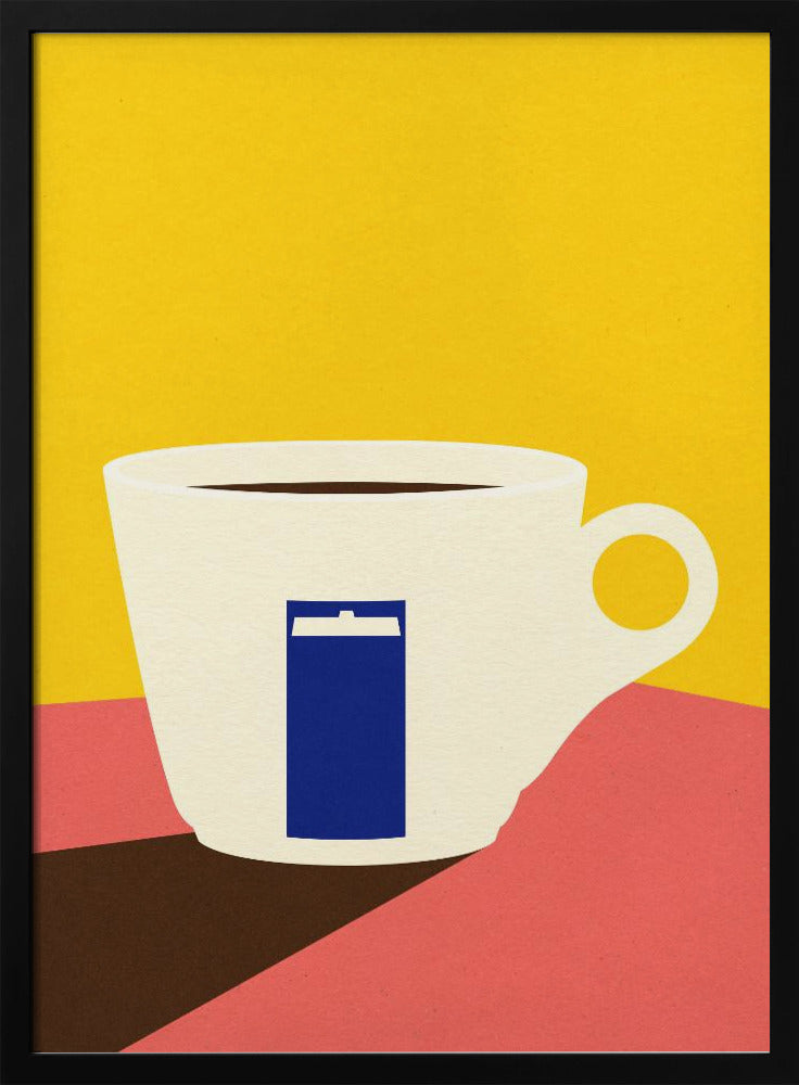 A minimalist pop art illustration of a white coffee cup with a blue TARDIS from Doctor Who on its side, set against a bright yellow background and a pink tabletop. Decor