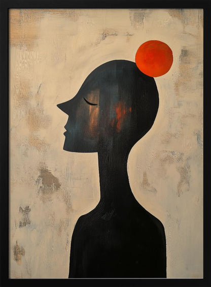 An abstract painting of a black silhouette of a person in profile, with their eyes closed. A vibrant orange-red circle is balanced on the top of their head. The background is a textured, distressed beige and off-white. The entire piece is enclosed in a simple black frame. Print