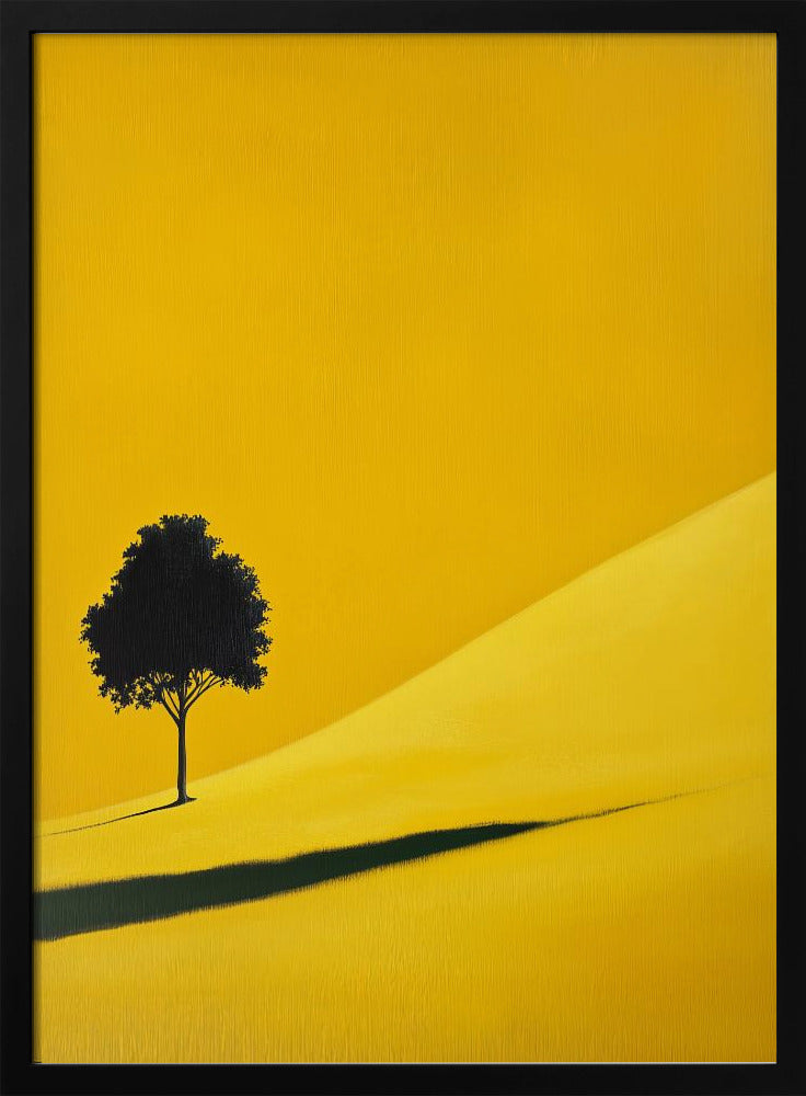 A minimalist painting of a single black tree on a vibrant yellow, rolling hill, casting a long, dark shadow. The background is a solid yellow, creating a stark, modern landscape scene within a black frame. Print