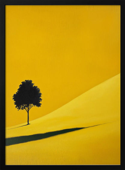 A minimalist painting of a single black tree on a vibrant yellow, rolling hill, casting a long, dark shadow. The background is a solid yellow, creating a stark, modern landscape scene within a black frame. Print