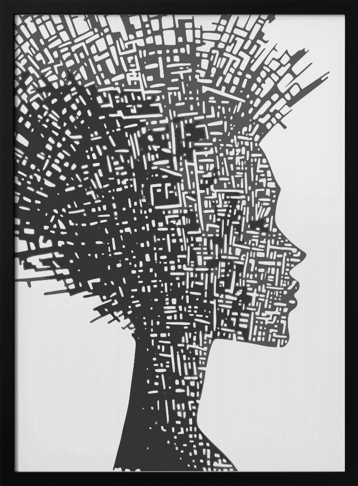 A black and white abstract artwork featuring the silhouette of a woman in profile against a white background. The silhouette is filled with an intricate, maze-like pattern of white lines and shapes, resembling a circuit board or an aerial city map. The entire piece is encased in a simple black frame. Print