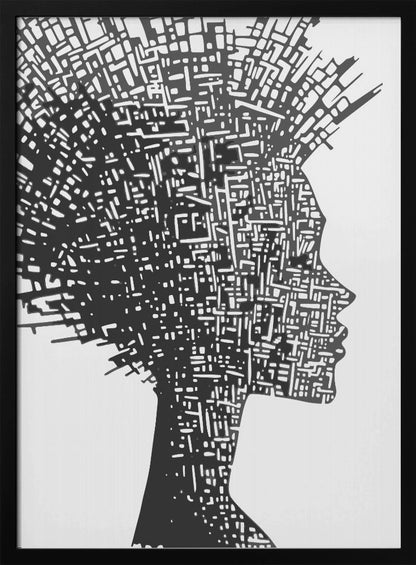 A black and white abstract artwork featuring the silhouette of a woman in profile against a white background. The silhouette is filled with an intricate, maze-like pattern of white lines and shapes, resembling a circuit board or an aerial city map. The entire piece is encased in a simple black frame. Print