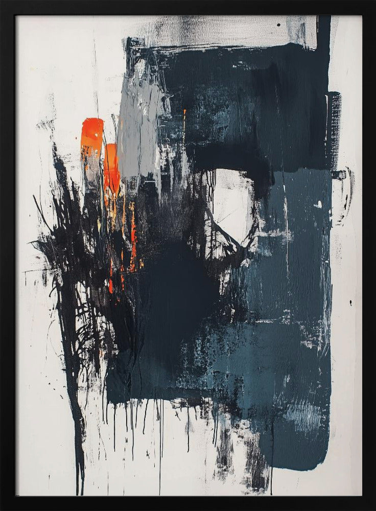 An expressive abstract painting in a black frame, featuring a large, dark, textured block of black and grey paint on a white canvas. Splashes of bright orange provide a striking contrast on the left, while black paint drips down the canvas, creating a sense of raw energy. Poster