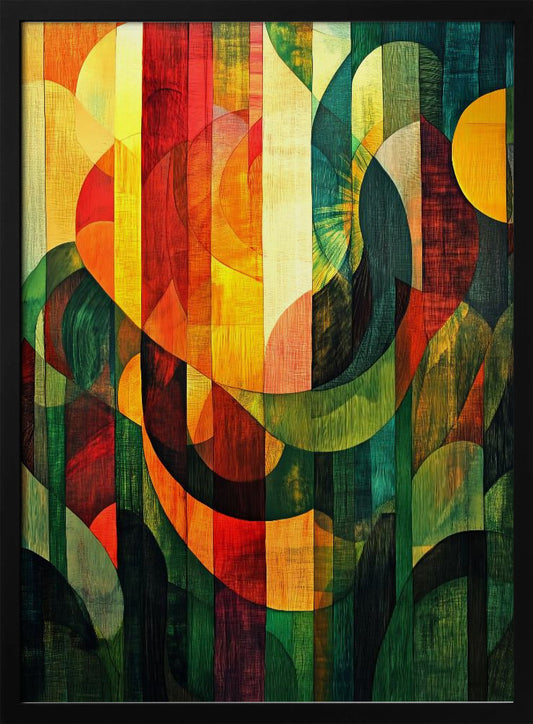 A vibrant abstract artwork with a wood grain texture, featuring vertical stripes overlaid with curved and circular shapes. The color palette shifts from warm reds and yellows on the left to cool, deep greens on the right, all enclosed in a thin black frame. Artwork