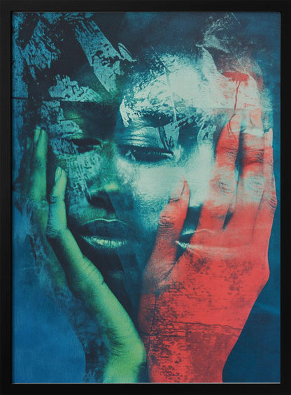 An abstract, heavily textured portrait of a person holding their face in their hands. The artwork uses a dramatic color palette of deep blues, teals, and black, with one hand rendered in a striking red and the other in a greenish hue, creating a fragmented and emotional visual. Poster