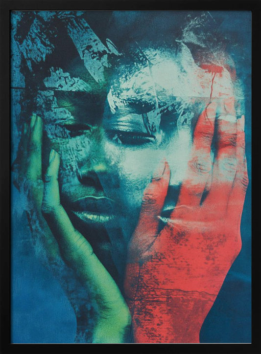 An abstract, heavily textured portrait of a person holding their face in their hands. The artwork uses a dramatic color palette of deep blues, teals, and black, with one hand rendered in a striking red and the other in a greenish hue, creating a fragmented and emotional visual. Poster