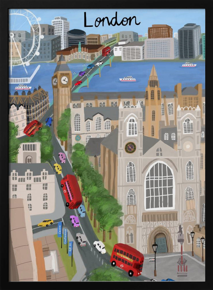 A stylized travel poster illustration of London, featuring iconic landmarks like Big Ben, Westminster Abbey, and the London Eye. The scene is bustling with red double-decker buses and colorful cars crossing a bridge over the River Thames, with the city skyline in the background and the word 'London' written at the top. Print