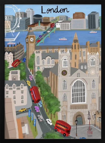 A stylized travel poster illustration of London, featuring iconic landmarks like Big Ben, Westminster Abbey, and the London Eye. The scene is bustling with red double-decker buses and colorful cars crossing a bridge over the River Thames, with the city skyline in the background and the word 'London' written at the top. Print