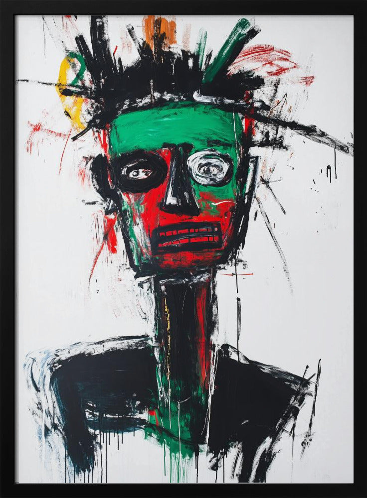An abstract neo-expressionist portrait of a figure with a green and red face, wide, frantic eyes, and spiky black hair against a stark white background, painted with raw, energetic brushstrokes. Artwork