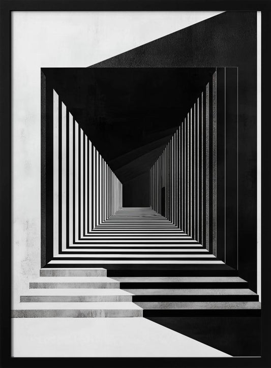 A stark black and white architectural illustration of a seemingly infinite corridor. Strong perspective lines are created by alternating black and white stripes on the walls and floor, creating a powerful optical illusion. Concrete steps lead into the scene from the foreground, and a faint, solitary figure stands in the distant shadows. Wall Art