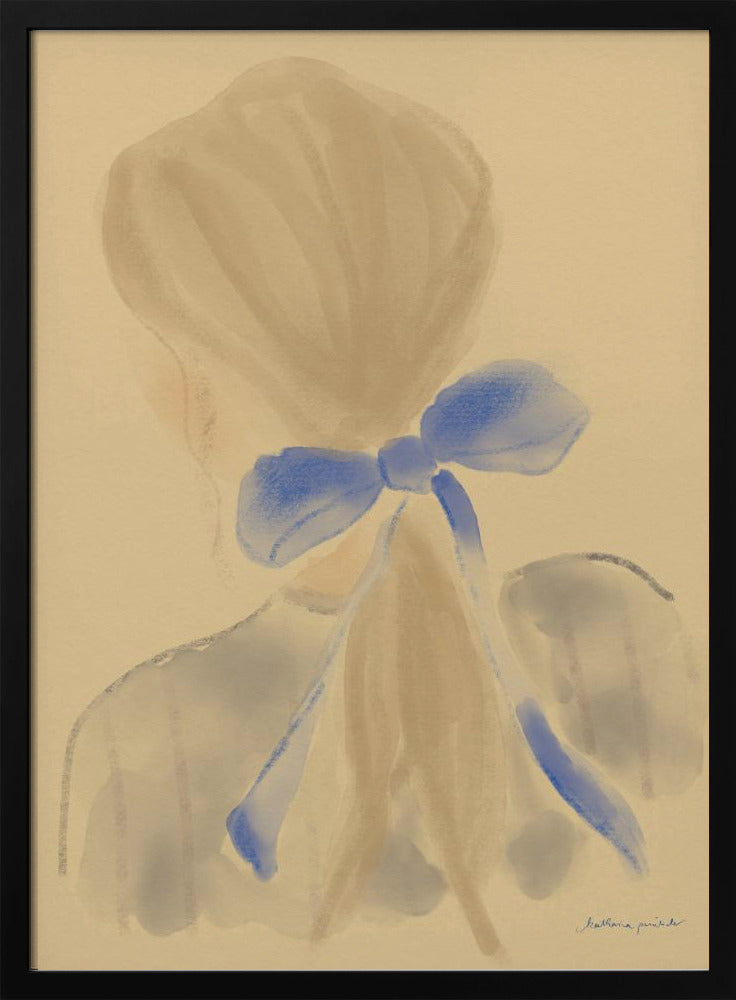 A soft, impressionistic painting of the back of a person's head and shoulders against a warm beige background. Their light brown hair is gathered, and a prominent, vibrant blue bow is tied at the back of their neck, with long ribbons trailing down. The style is painterly and minimalist, with soft, blended brushstrokes. Poster