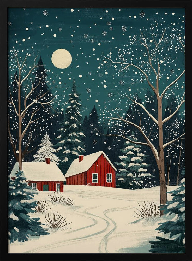 A stylized art print of a serene winter night scene, featuring two red cabins with snow-covered roofs nestled in a dark evergreen forest. A large, pale moon hangs in the dark teal sky as snowflakes fall, blanketing the landscape and bare trees in white. Decor