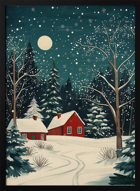 A stylized art print of a serene winter night scene, featuring two red cabins with snow-covered roofs nestled in a dark evergreen forest. A large, pale moon hangs in the dark teal sky as snowflakes fall, blanketing the landscape and bare trees in white. Decor
