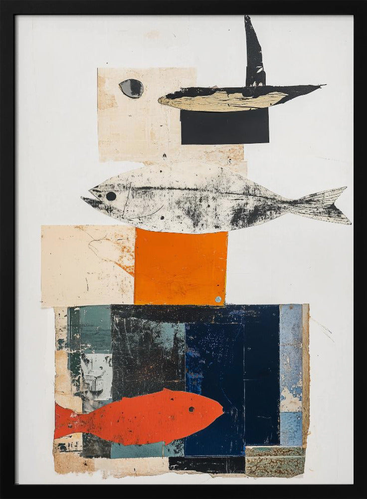 A vertical abstract collage in a black frame, featuring layered geometric shapes in white, beige, orange, and dark blue. The composition includes three fish illustrations: a black and white fish in the middle, a bright orange-red fish at the bottom, and a black abstract shape resembling a boat or bird at the top. Artwork