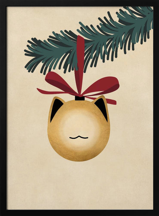 A minimalist illustration of a golden-yellow Christmas ornament shaped like a cat's head, complete with black-tipped ears and a simple line mouth. It hangs from a dark green pine branch by a festive red ribbon, all set against a textured beige background and framed in black. Artwork