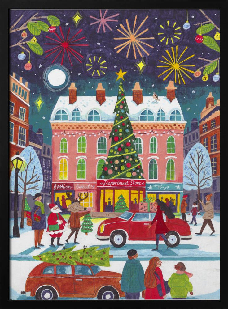 A whimsical illustration of a bustling city street at night during winter. The scene is festive, with a large decorated Christmas tree in front of a pink department store, fireworks lighting up the dark sky, and snow-covered streets filled with people, cars, Santa Claus, and a reindeer. Print