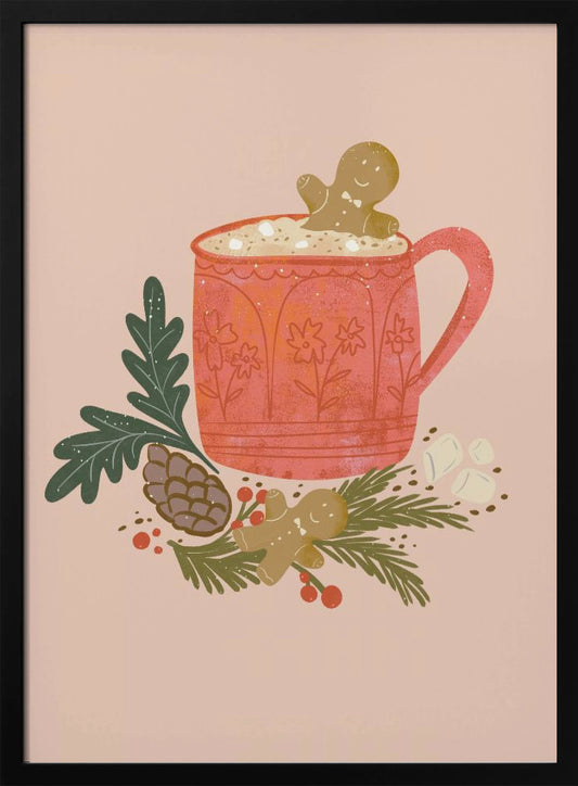 A charming holiday illustration of a red mug filled with hot chocolate and marshmallows, with a gingerbread man cookie peeking out. The mug sits on a bed of pine branches, a pinecone, and red berries, with another gingerbread man lying nearby, all against a solid light pink background. Wall Art