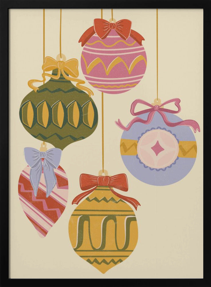 A vintage-style illustration of five colorful Christmas ornaments hanging against a cream background. Each uniquely shaped and patterned ornament is topped with a decorative bow, featuring a muted color palette of pink, green, yellow, red, and blue. Wall Art