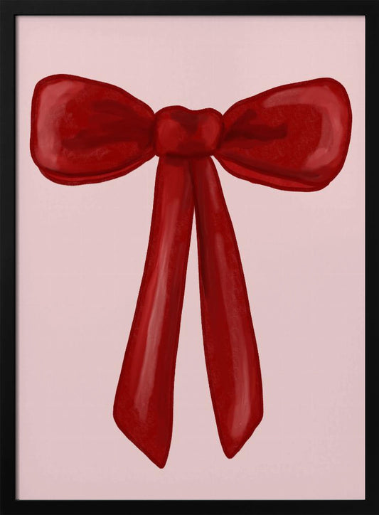 A digital painting of a large, shiny red ribbon tied into a bow, centered against a solid light pink background. The artwork is shown within a thin black frame. Print