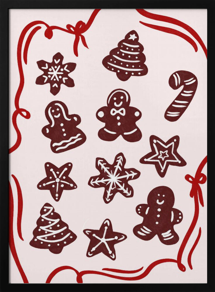 An illustration of various gingerbread Christmas cookies, including gingerbread men, trees, stars, and a candy cane, decorated with white icing. The cookies are on a light pink background and framed by a red ribbon border. Wall Art