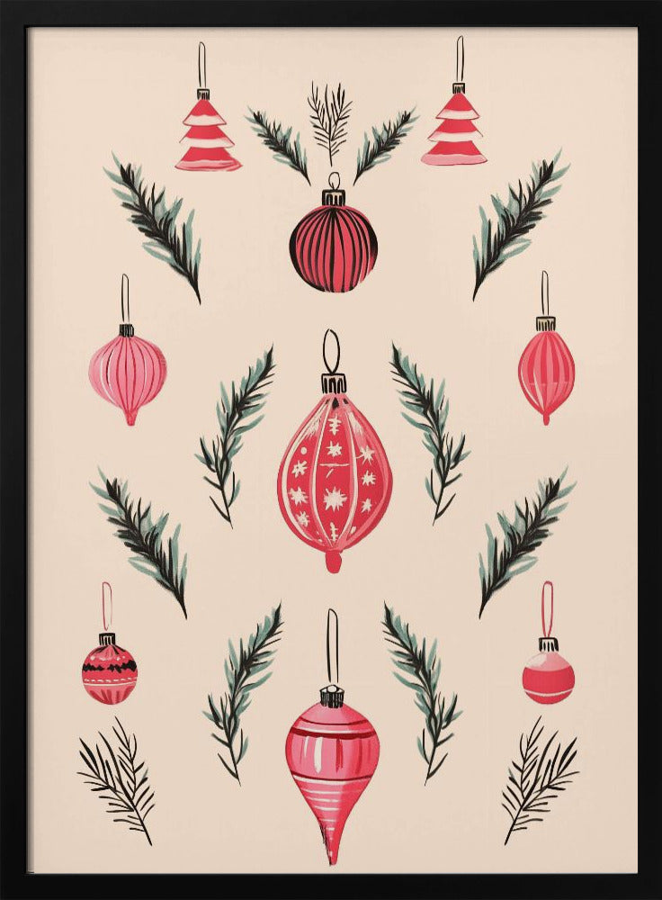 A framed art print featuring a symmetrical pattern of hand-painted red and pink Christmas ornaments and dark green pine sprigs against a cream-colored background. Poster