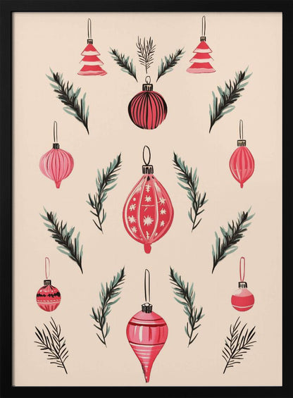 A framed art print featuring a symmetrical pattern of hand-painted red and pink Christmas ornaments and dark green pine sprigs against a cream-colored background. Poster