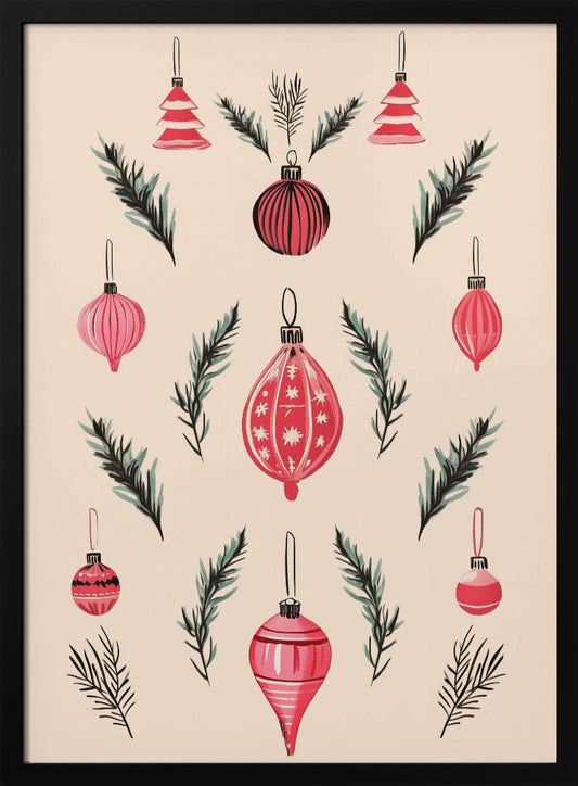 A framed art print featuring a symmetrical pattern of hand-painted red and pink Christmas ornaments and dark green pine sprigs against a cream-colored background. Poster