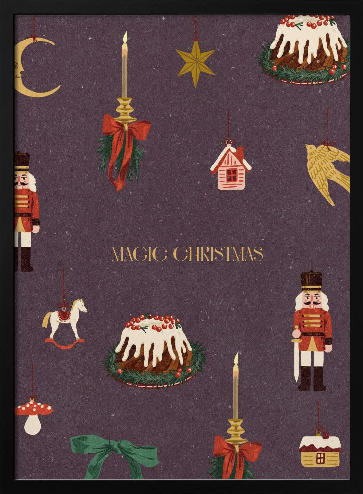A vintage-style Christmas poster with a dark purple background featuring illustrations of festive items. Included are nutcracker soldiers, Christmas puddings, and hanging ornaments like a crescent moon, a star, a rocking horse, and candles. The words 'MAGIC CHRISTMAS' are written in the center in gold. Decor
