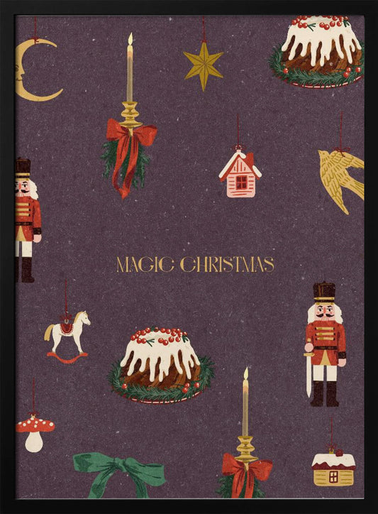 A vintage-style Christmas poster with a dark purple background featuring illustrations of festive items. Included are nutcracker soldiers, Christmas puddings, and hanging ornaments like a crescent moon, a star, a rocking horse, and candles. The words 'MAGIC CHRISTMAS' are written in the center in gold. Decor