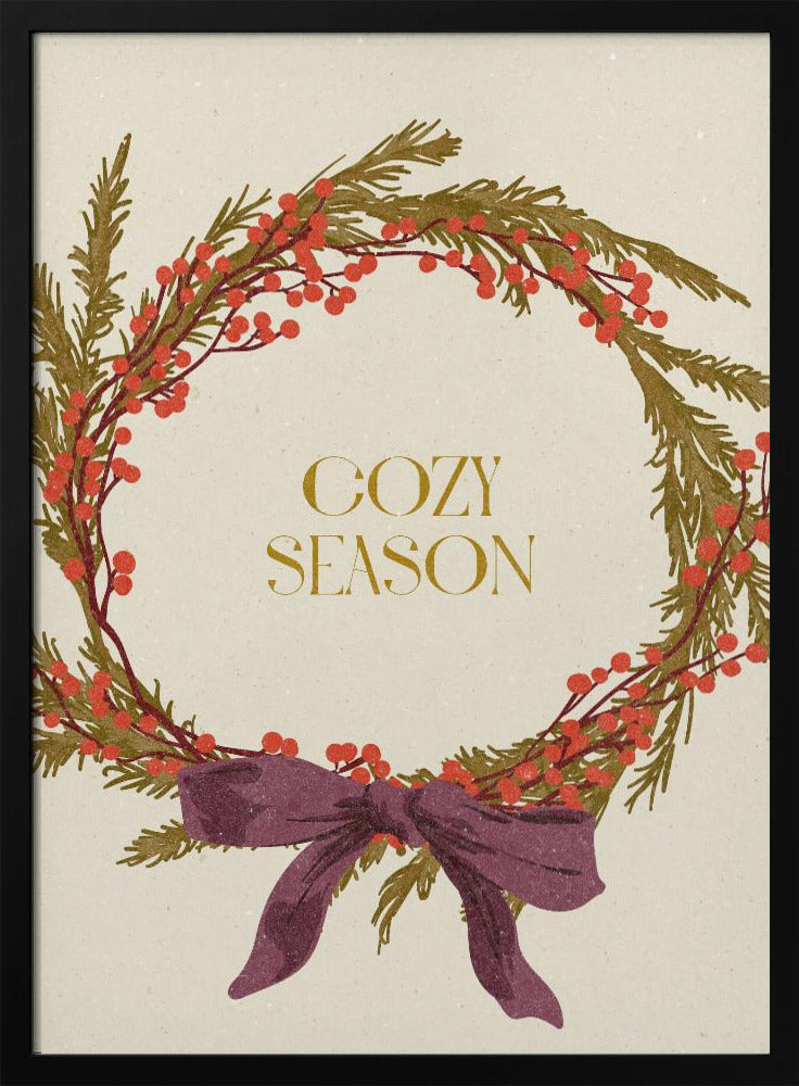 A vintage-style illustration of a festive wreath made of green boughs and red berries, tied with a large purple bow at the bottom. The text 'COZY SEASON' is written in gold inside the wreath on a cream-colored background, all enclosed in a thin black frame. Wall Art