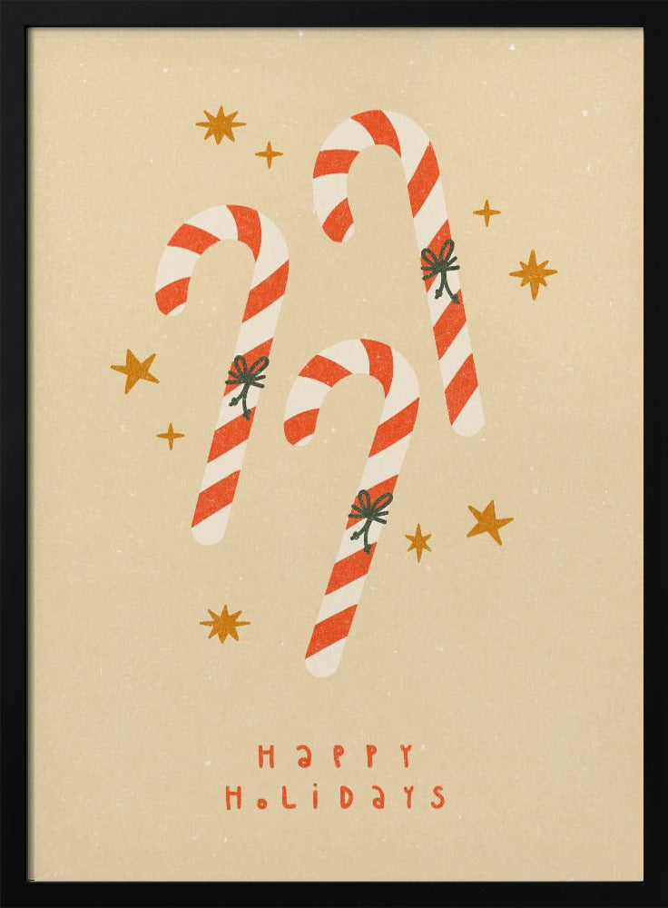 A vintage-style holiday illustration featuring three red and white striped candy canes with small bows, set against a speckled beige background with golden stars. Below the candy canes, the text 'HAPPY HOLIDAYS' is written in a simple red font. Poster