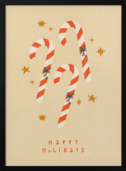 A vintage-style holiday illustration featuring three red and white striped candy canes with small bows, set against a speckled beige background with golden stars. Below the candy canes, the text 'HAPPY HOLIDAYS' is written in a simple red font. Poster