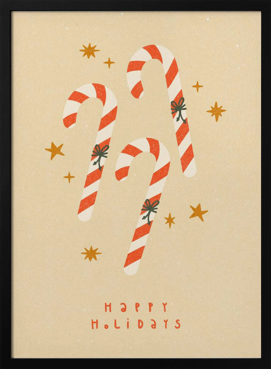 A vintage-style holiday illustration featuring three red and white striped candy canes with small bows, set against a speckled beige background with golden stars. Below the candy canes, the text 'HAPPY HOLIDAYS' is written in a simple red font. Poster