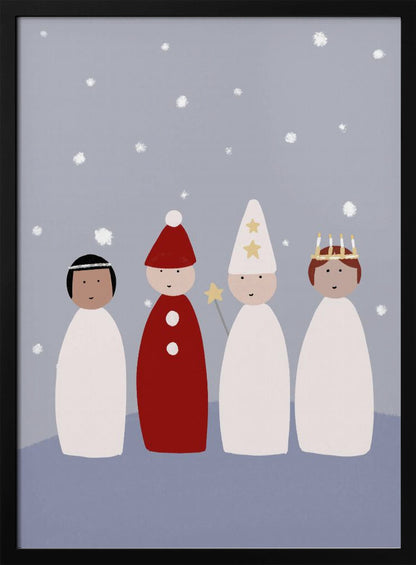 A whimsical illustration of four children dressed for a Saint Lucia procession, standing against a light blue background with falling snow. The figures are stylized with simple shapes, featuring a Lucia with a candle crown, a star boy with a pointed hat and star wand, and a gingerbread man or 'tomte' in red. Poster