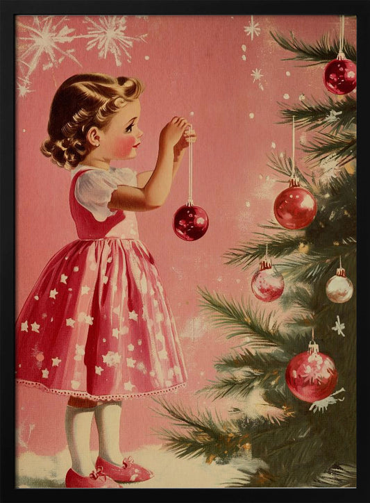 A vintage illustration of a young girl in a pink and white dress decorating a Christmas tree. She is carefully hanging a shiny red ornament on a branch against a soft pink background with snowflakes. Wall Art